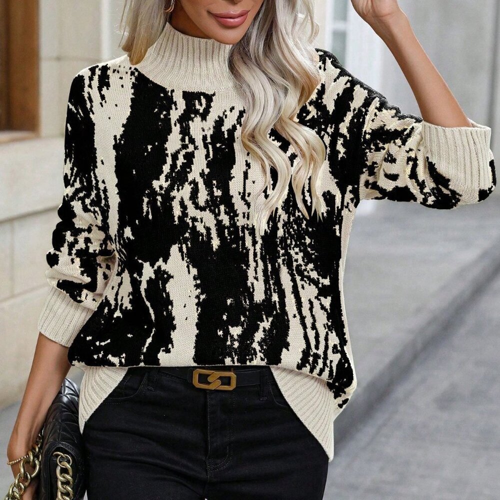 Apricot Casual Graphic Women's Mock Neck Sweater